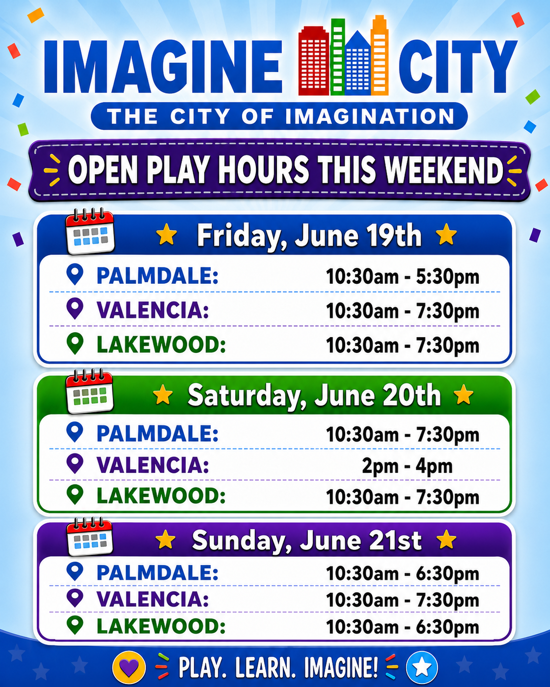 Imagine City special operating hours